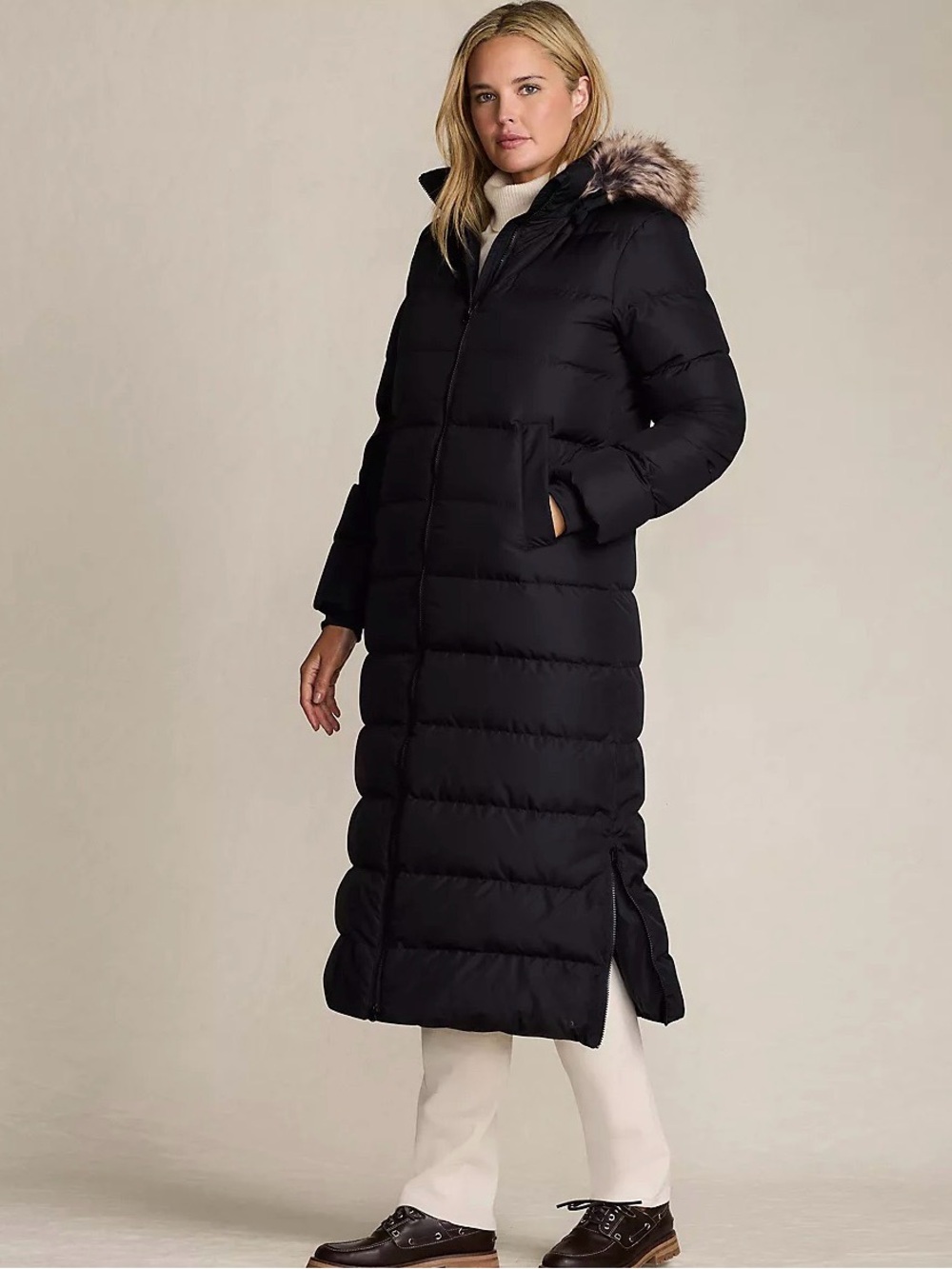 Lands' End Black Long Quilted Down Puffer with Faux Fur Hood - Picture 3 of 8